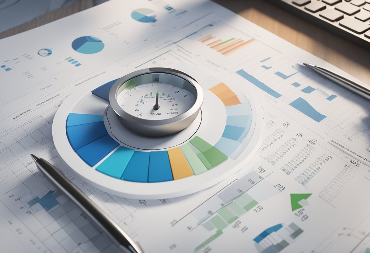 A hand adjusts a dial on a mortgage document, symbolizing the flexibility of an adjustable-rate mortgage. The document is surrounded by charts and graphs showing fluctuating interest rates