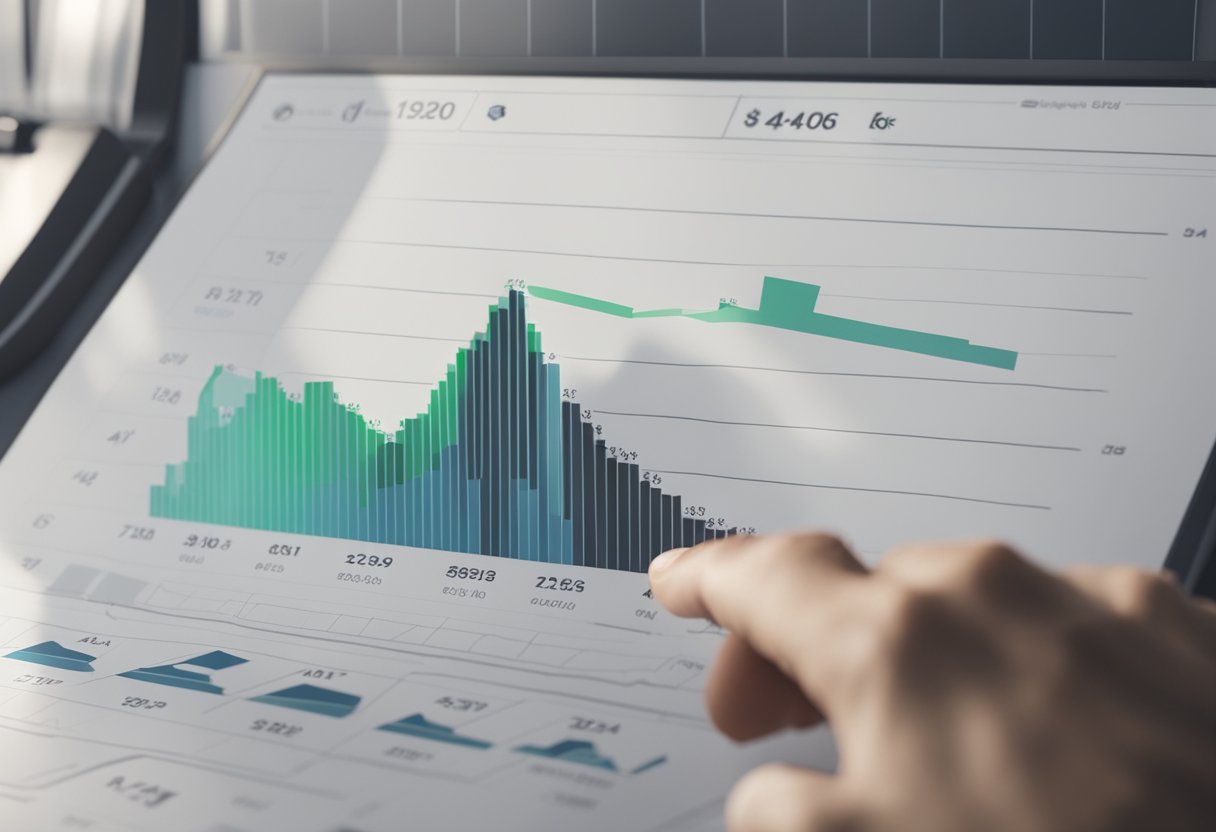 A hand adjusts a dial on a mortgage rate chart. Graph shows fluctuating rates over time