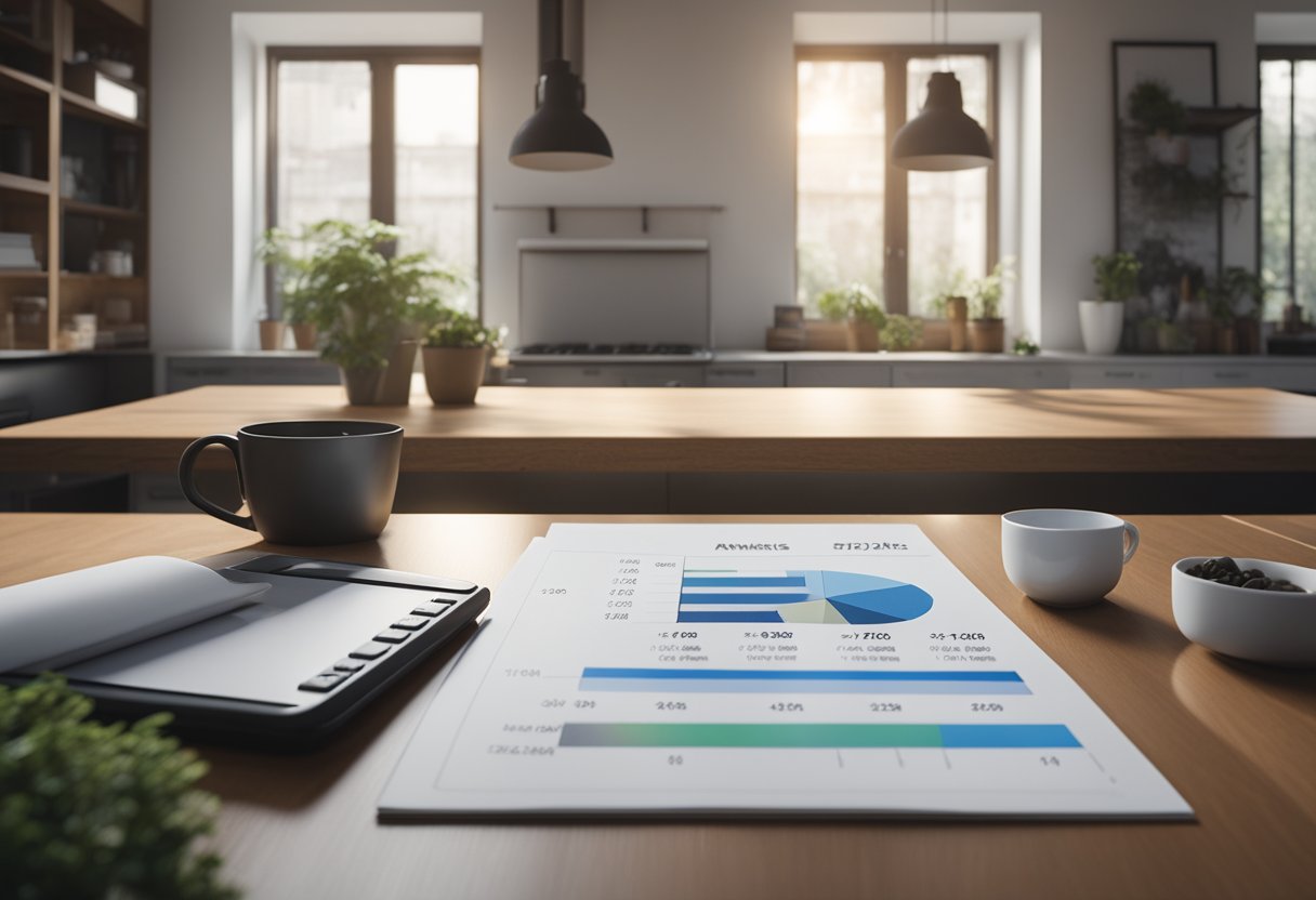 A homeowner considers ARM refinancing options, weighing pros and cons. Interest rates fluctuate on a graph, while a calculator sits on the table