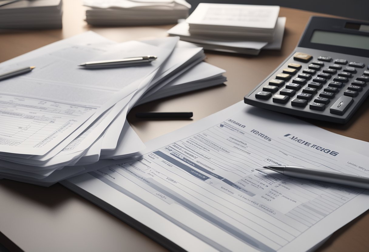 A stack of mortgage insurance documents with a calculator and pen on a desk