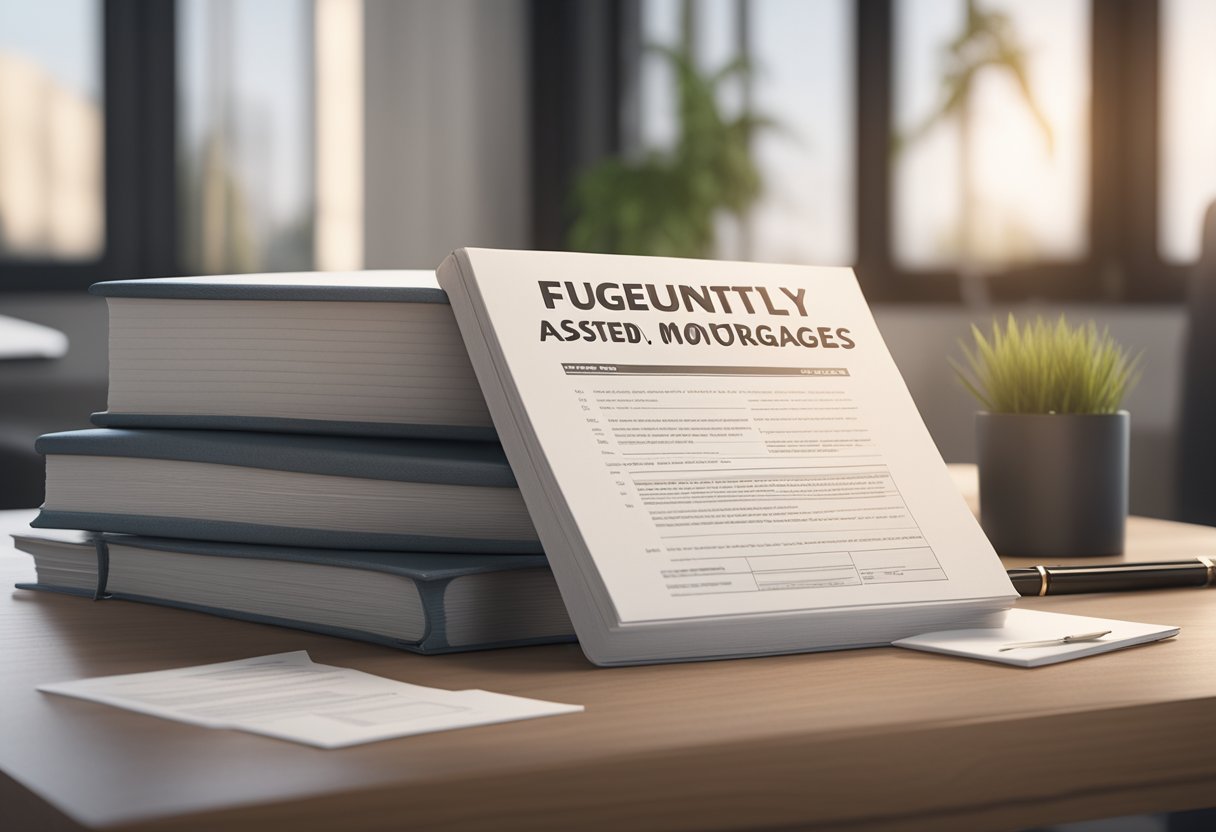 An open book with the title "Frequently Asked Questions Adjustable-rate mortgages" displayed on a table, surrounded by a stack of papers and a pen