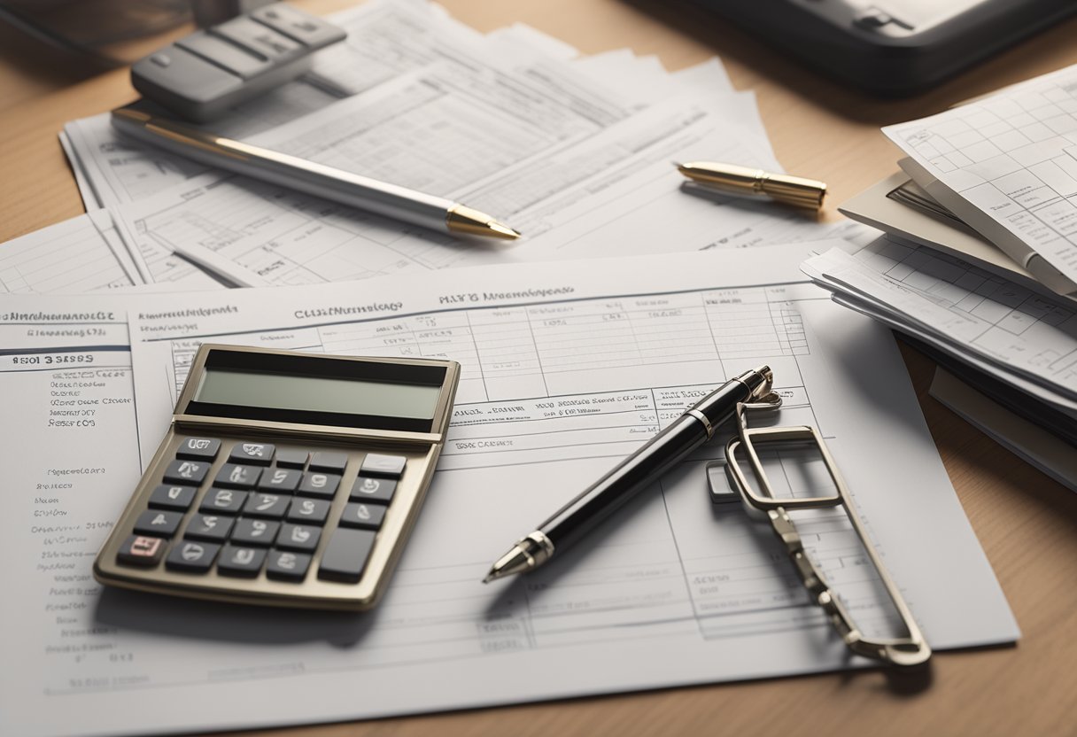 A stack of paperwork on a desk, a calculator, and a pen. A house key and a checkbook are also visible, symbolizing the financial aspects of closing costs