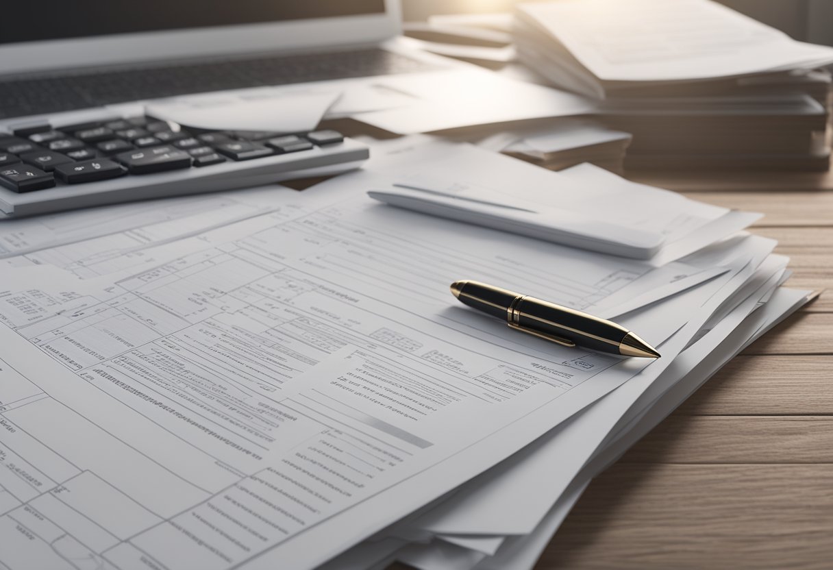 A table with a stack of documents, a calculator, and a pen. Papers include loan estimate, closing disclosure, and itemized breakdown of closing costs