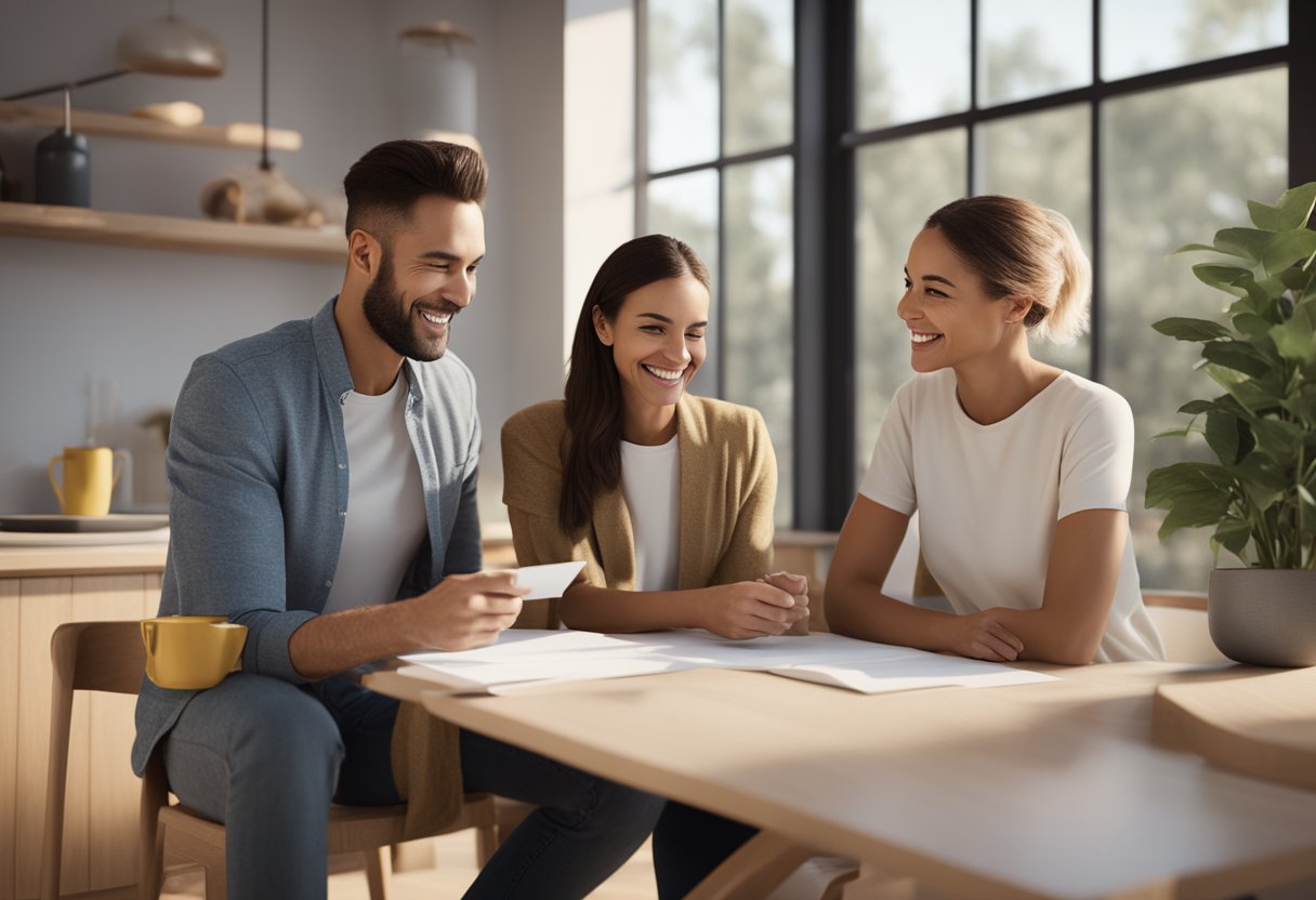 A couple receives a pre-approval letter from a mortgage lender, smiling and discussing their future home