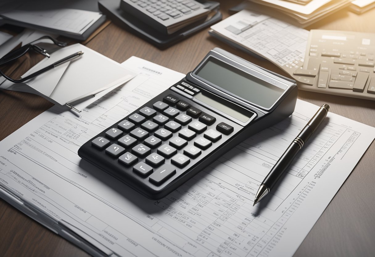 A calculator crunches numbers beside a stack of paperwork and a pen, representing the process of calculating closing costs