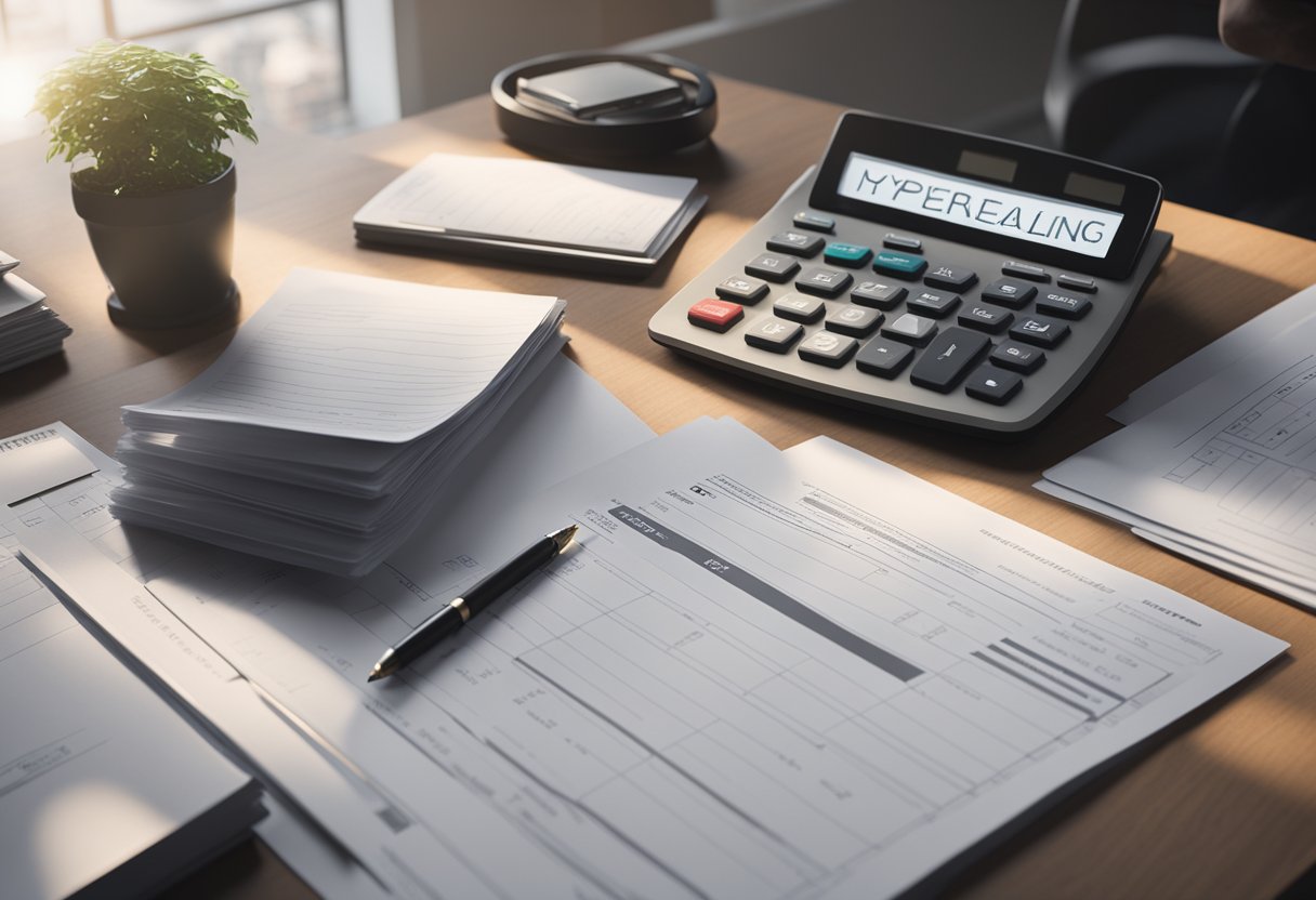 A stack of paperwork and a calculator on a desk, with a person signing papers