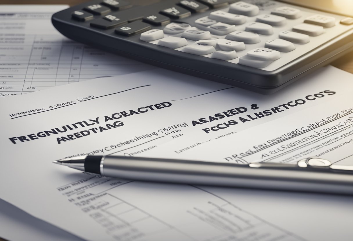 A stack of papers labeled "Frequently Asked Questions" with a focus on "Closing costs," surrounded by a calculator, pen, and key