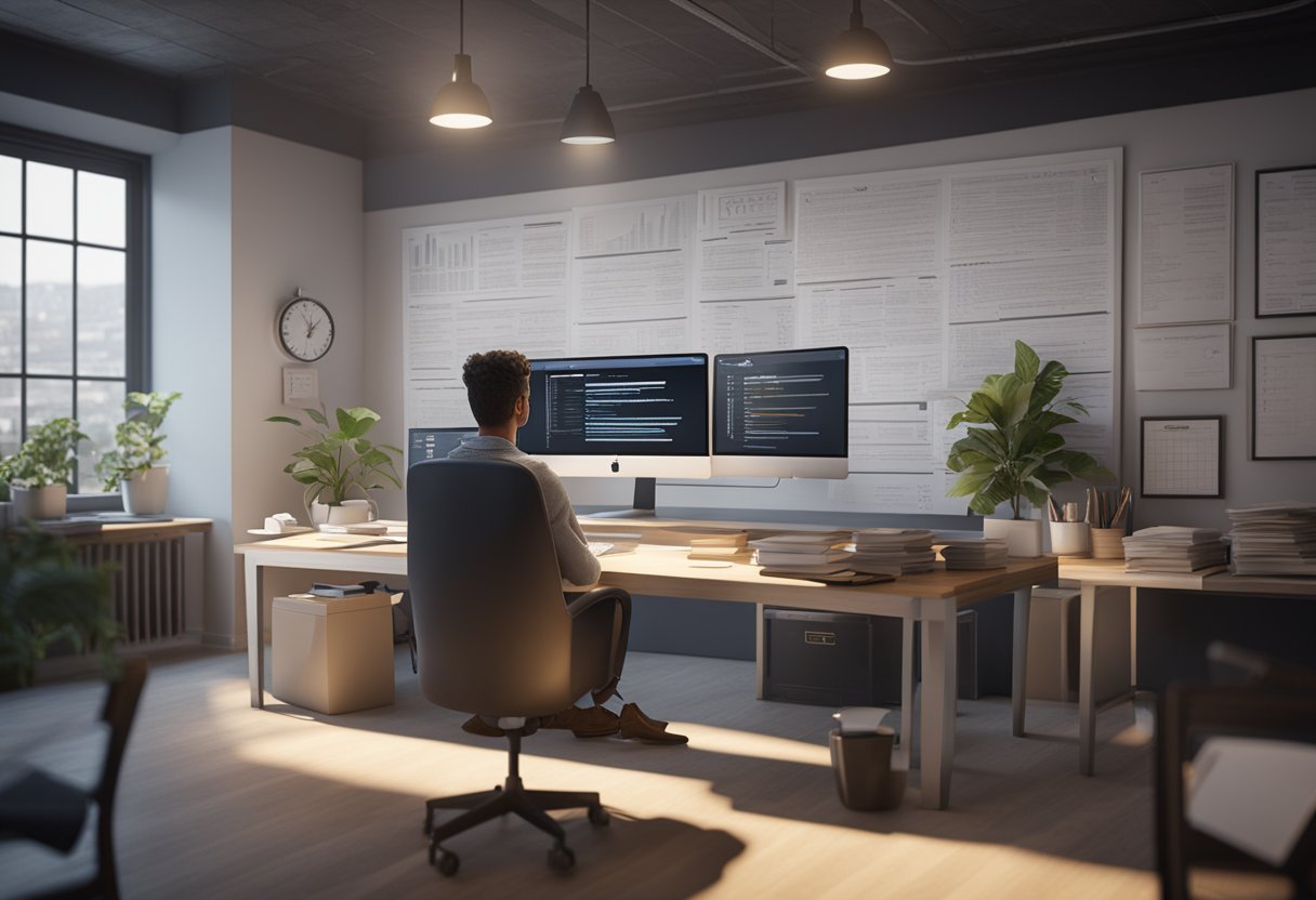 A person at a desk, typing on a computer, surrounded by a stack of papers and a "Frequently Asked Questions Pre-approval" sign on the wall