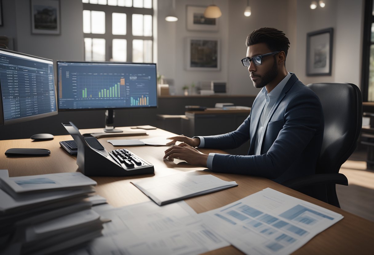 A person sitting at a desk, surrounded by financial documents and a calculator. A bank logo is visible on the computer screen