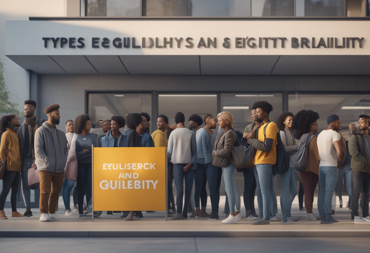 A diverse group of people waiting in line, with a sign displaying "Types of Loans and Eligibility Criteria" in the background