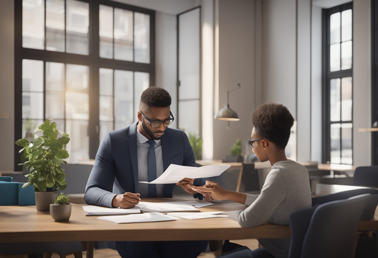 A self-employed individual reviewing financial documents with a bank representative to determine loan eligibility