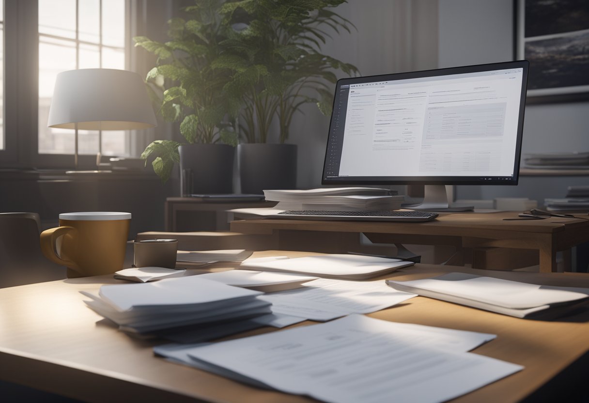 A government official reviewing loan applications, with a pile of paperwork and a computer screen showing eligibility criteria