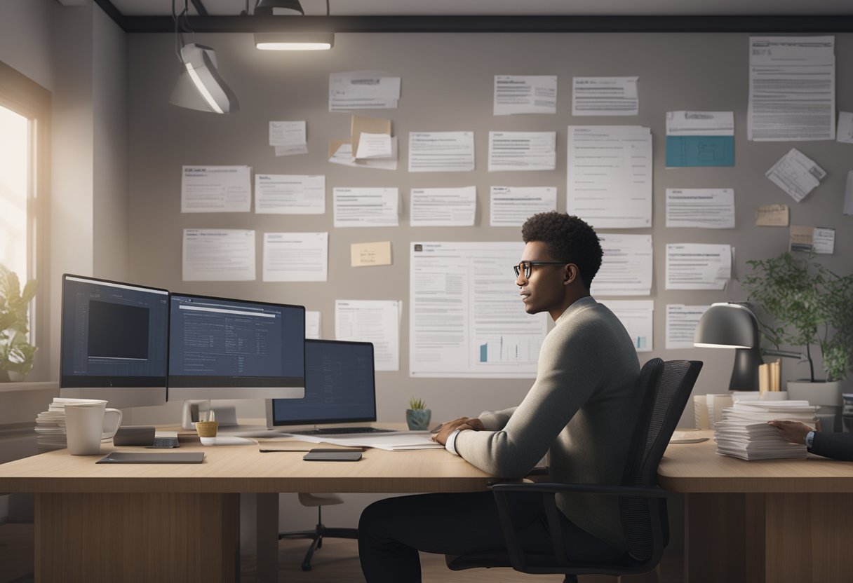 A person sitting at a desk, surrounded by paperwork and a computer, with a sign that reads "Frequently Asked Questions Loan Eligibility" on the wall