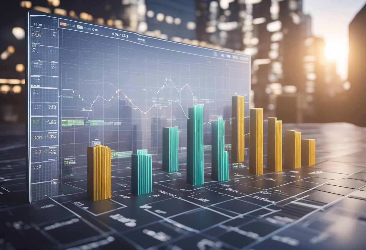 A graph showing fluctuating interest rates with a backdrop of financial market symbols and charts