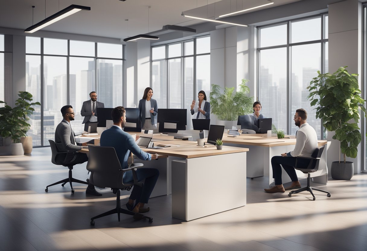 A group of mortgage brokers discussing loan options in a modern office setting with computers and paperwork scattered on their desks