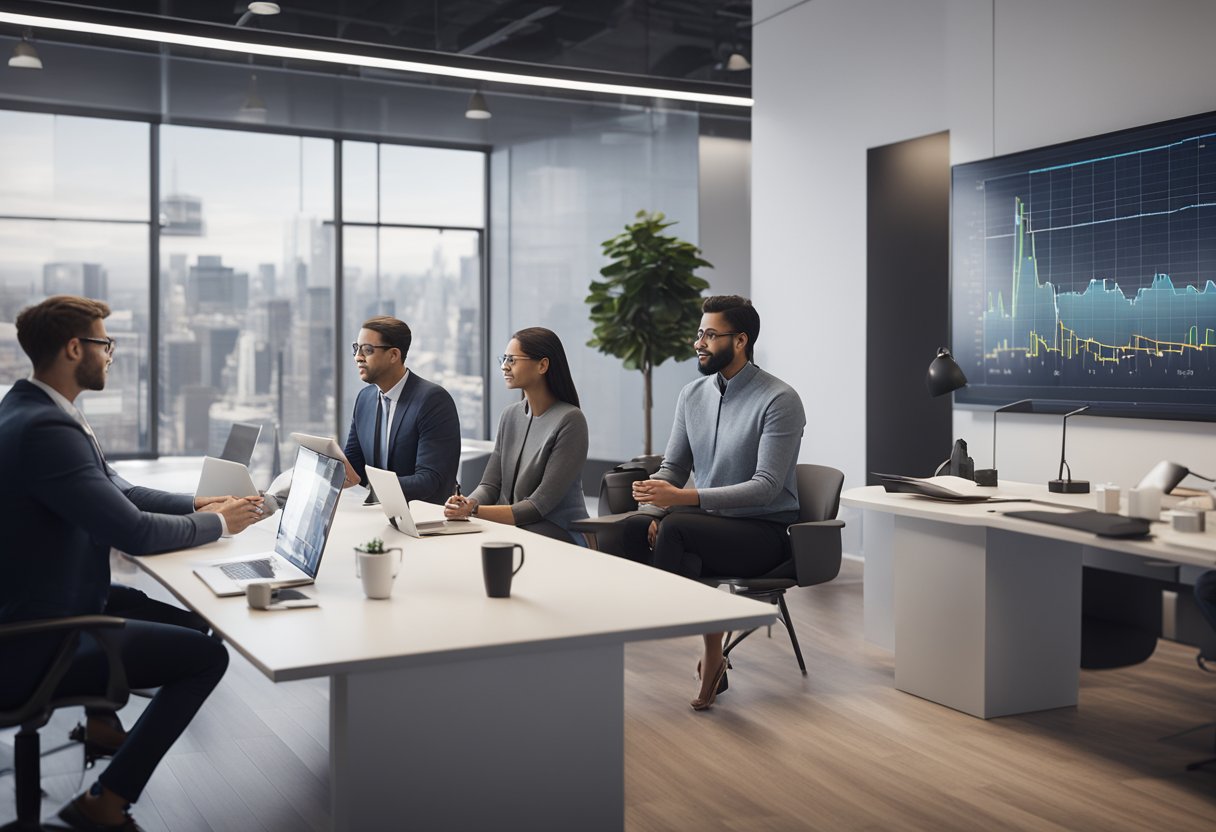 A group of mortgage brokers discussing different types of mortgages in a modern office setting, with charts and graphs displayed on the walls