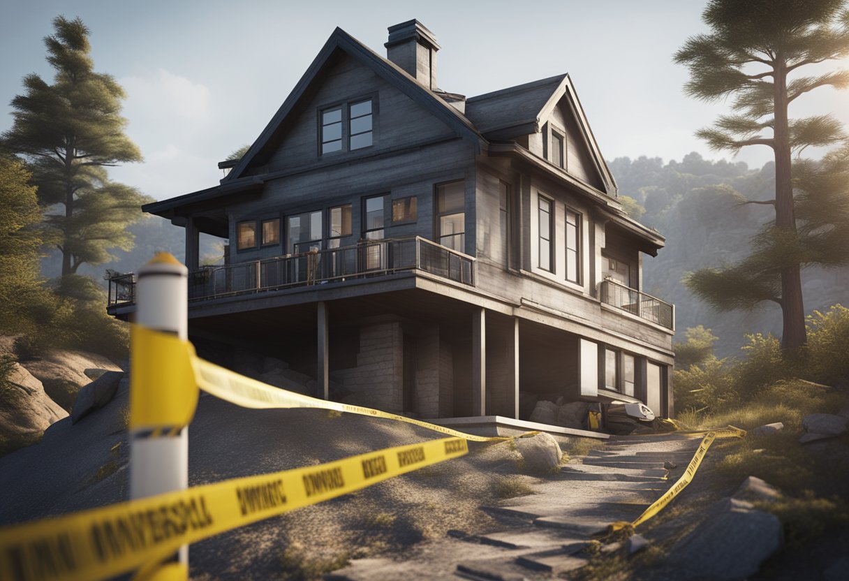 A house on a steep hill with a cracked foundation, surrounded by warning signs and caution tape