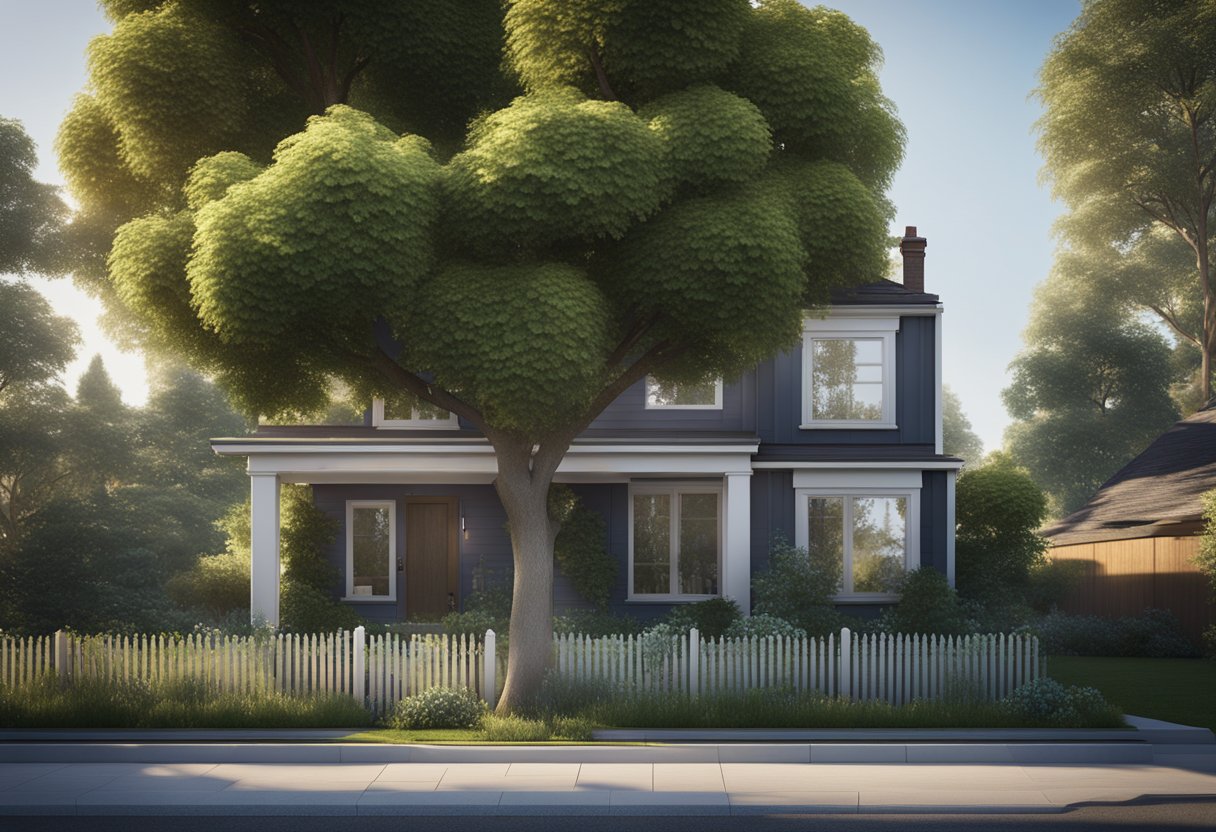 A house standing strong with a growing tree in the front yard, surrounded by a well-maintained garden and a freshly painted exterior