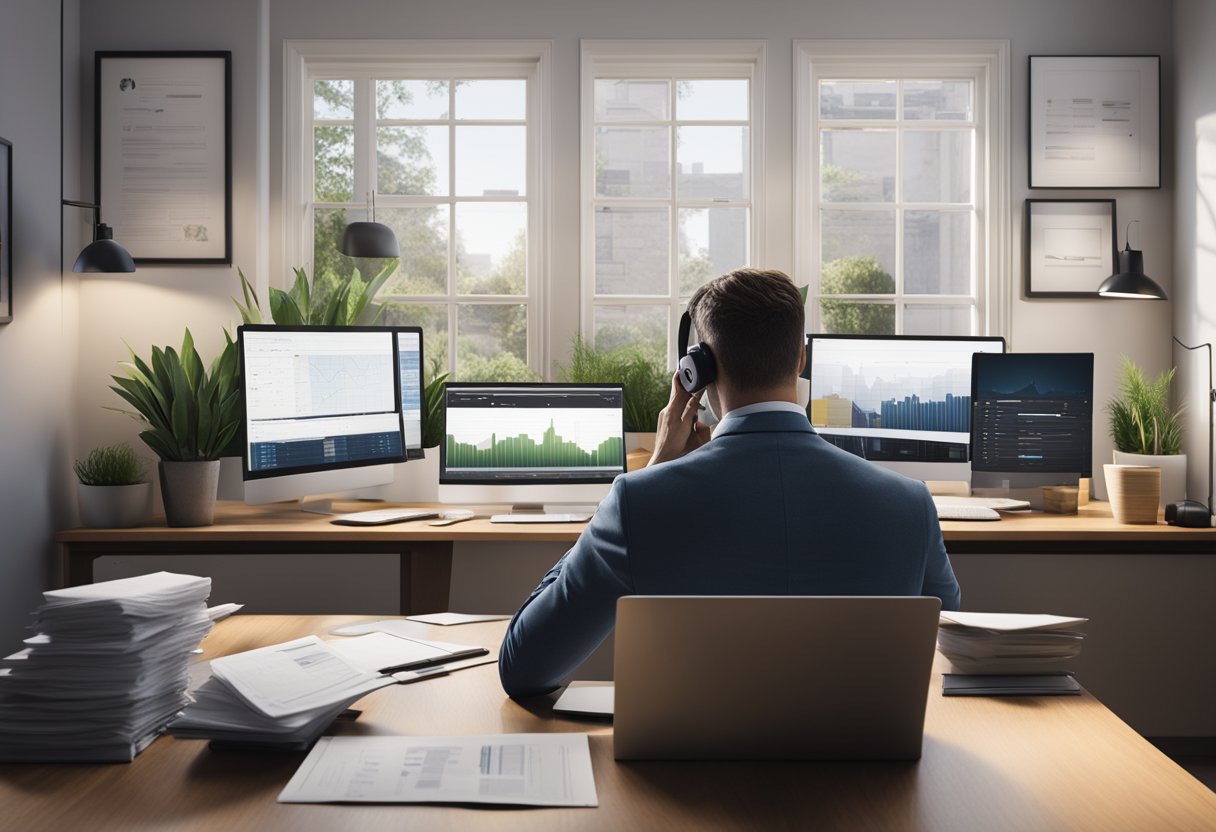 A mortgage broker sits at a desk, surrounded by paperwork and computer screens. They are speaking on the phone with a client, while also researching and comparing different loan options