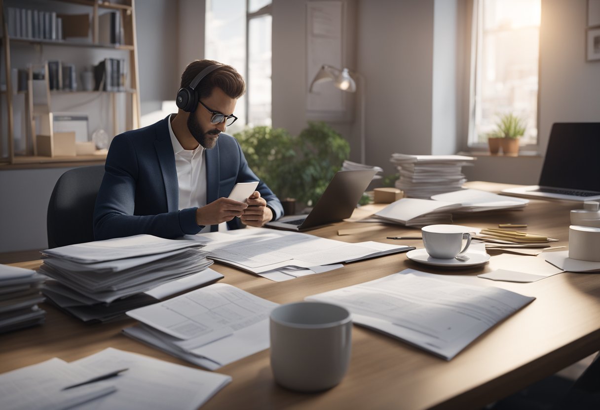 A person sitting at a desk with a laptop and paperwork, talking on the phone with a mortgage broker. Files and documents scattered on the desk