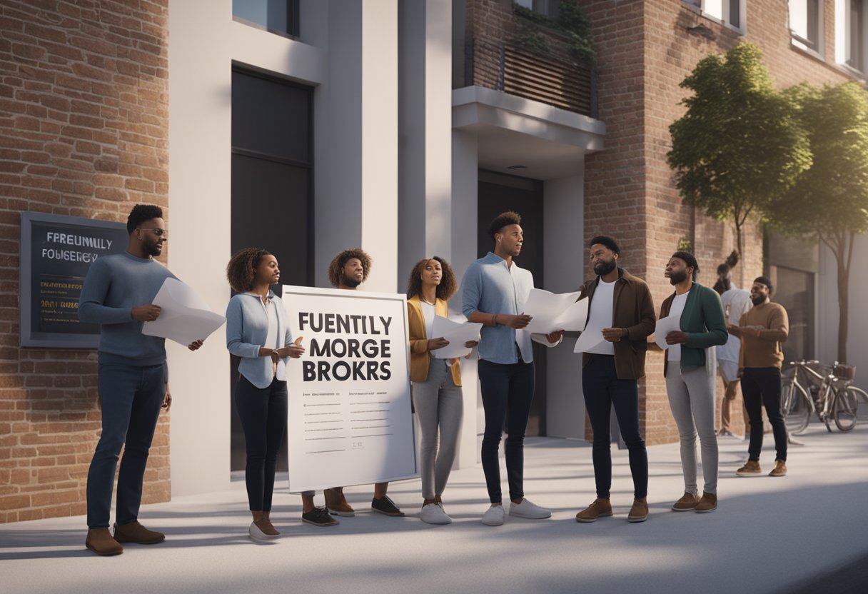 A group of people standing in line, holding papers and looking at a sign that reads "Frequently Asked Questions Mortgage Brokers."