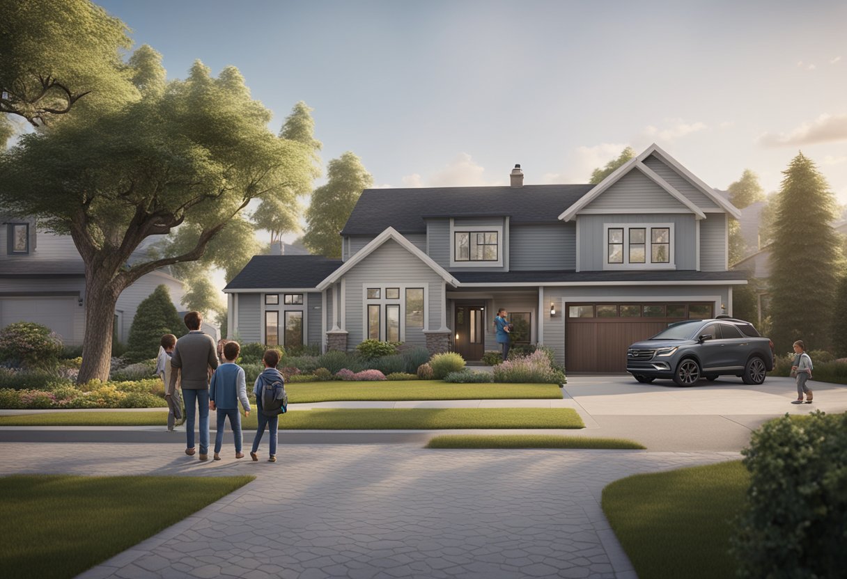 A family stands outside a charming suburban home, signing paperwork with a real estate agent. A "sold" sign is displayed in the front yard, and a moving truck is parked in the driveway