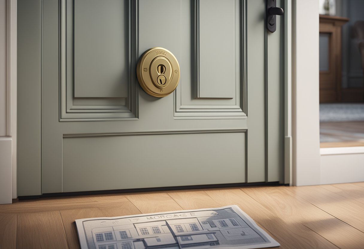 A house key turning in a front door lock, with a "Mortgage Basics" booklet sitting on a welcome mat