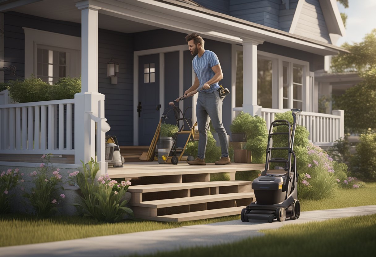 A person painting a fence, a ladder leaning against the house, a lawnmower in the yard, and a toolbox open on the porch