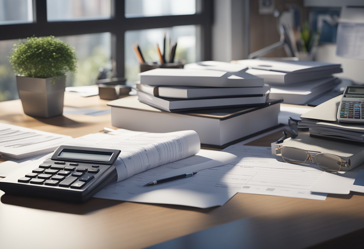 A stack of papers labeled "Frequently Asked Questions - Property Valuation" sits on a desk, surrounded by a computer, calculator, and other office supplies