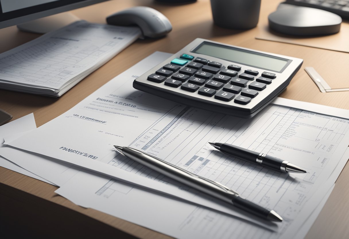 A calculator and a stack of property tax documents sit on a desk, with a pen ready to make calculations