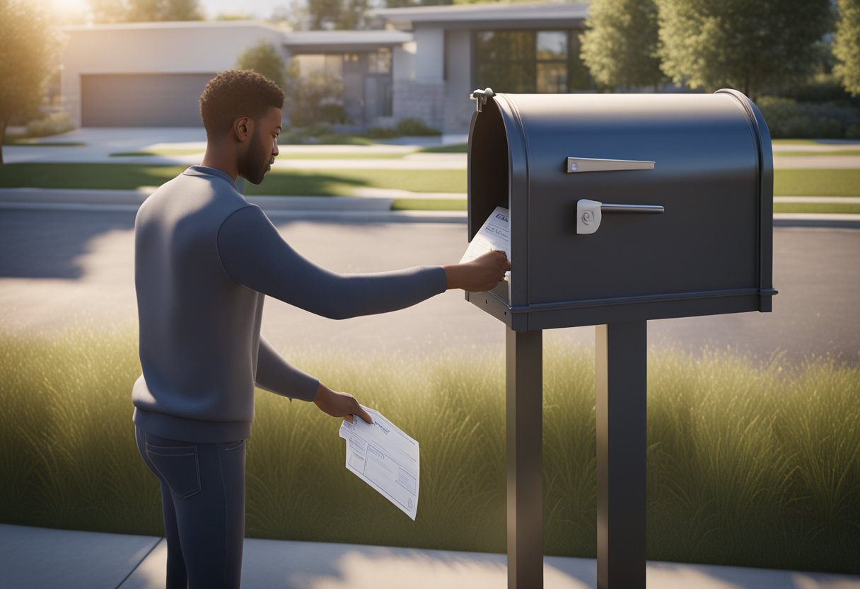 A homeowner placing a check into a mailbox labeled "Property Taxes" outside of a local government office