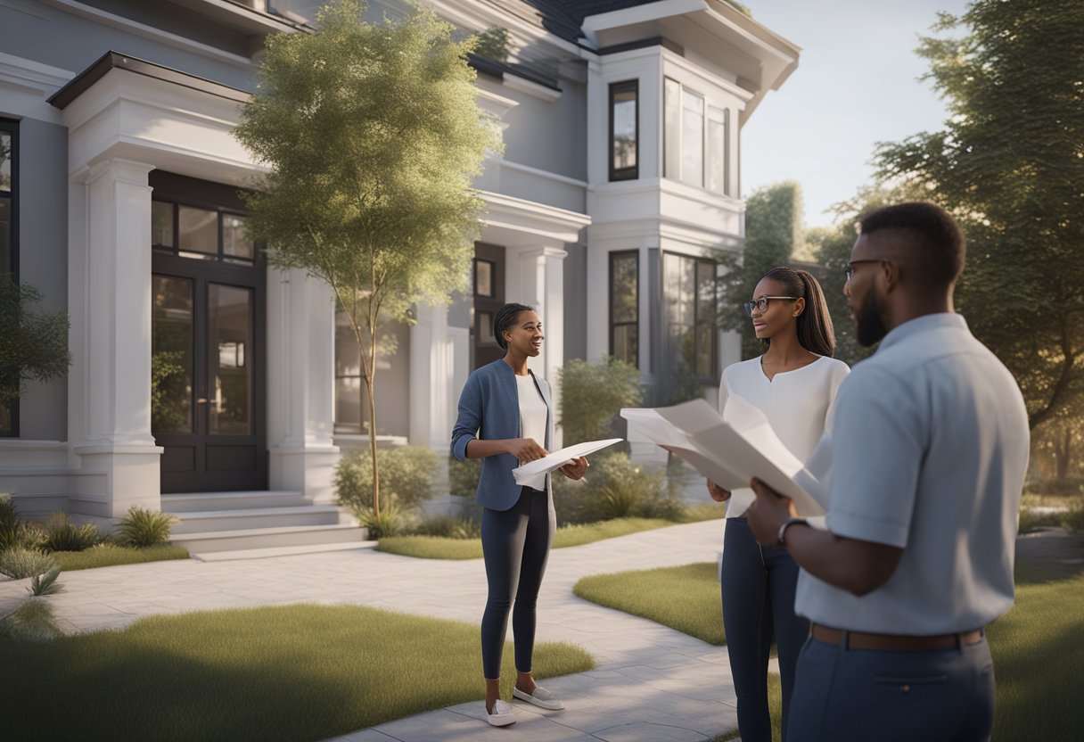 A homeowner holding a deed while standing in front of their house, with a bank representative discussing loan requirements