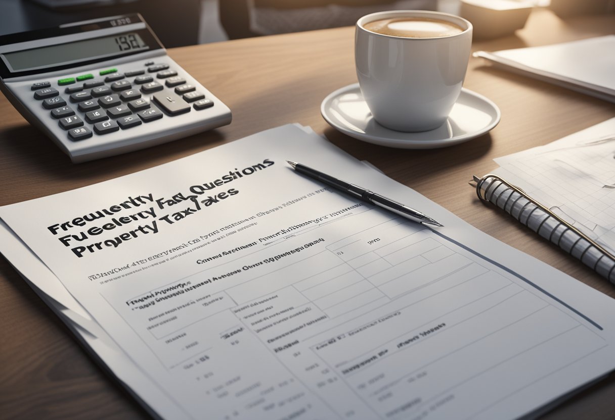 A stack of papers labeled "Frequently Asked Questions Property Taxes" sits on a desk, surrounded by a computer, calculator, and pen