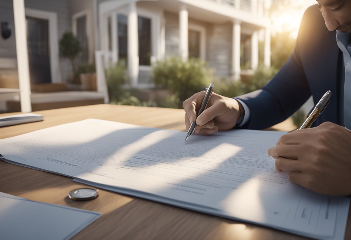 A homeowner signs a contract with a bank, exchanging a house deed for a loan