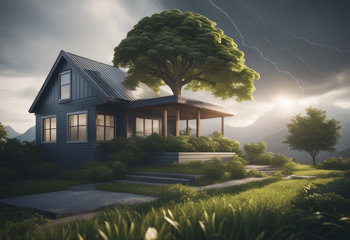 A house with a scale, representing benefits and risks of home equity loans. A tree symbolizes stability, while a storm cloud represents potential financial danger