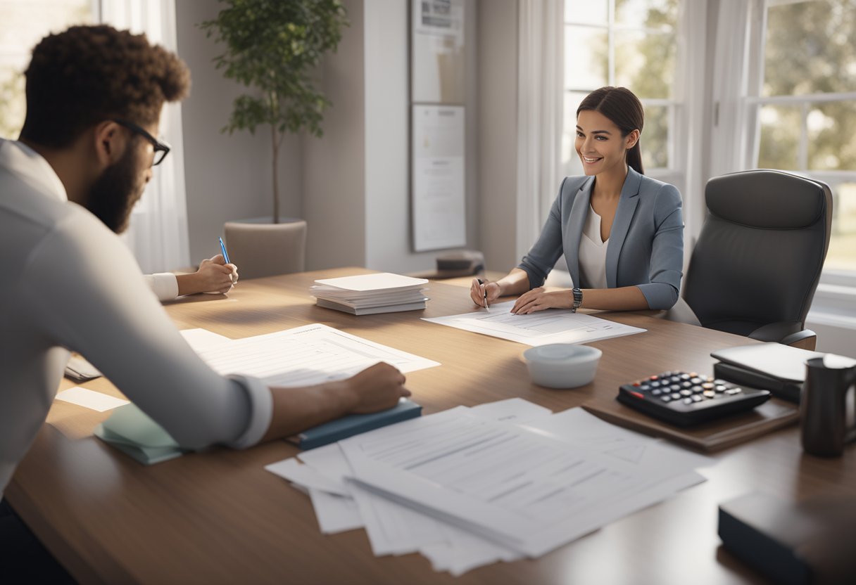 A homeowner signing paperwork with a bank representative, while a calculator and tax forms are spread out on the table