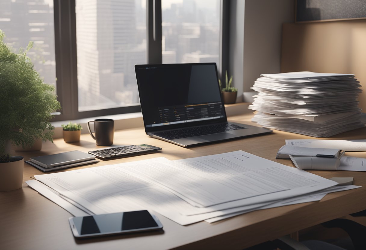 A homeowner sits at a desk, surrounded by paperwork and a laptop, researching home equity loans. A stack of documents and a calculator are nearby