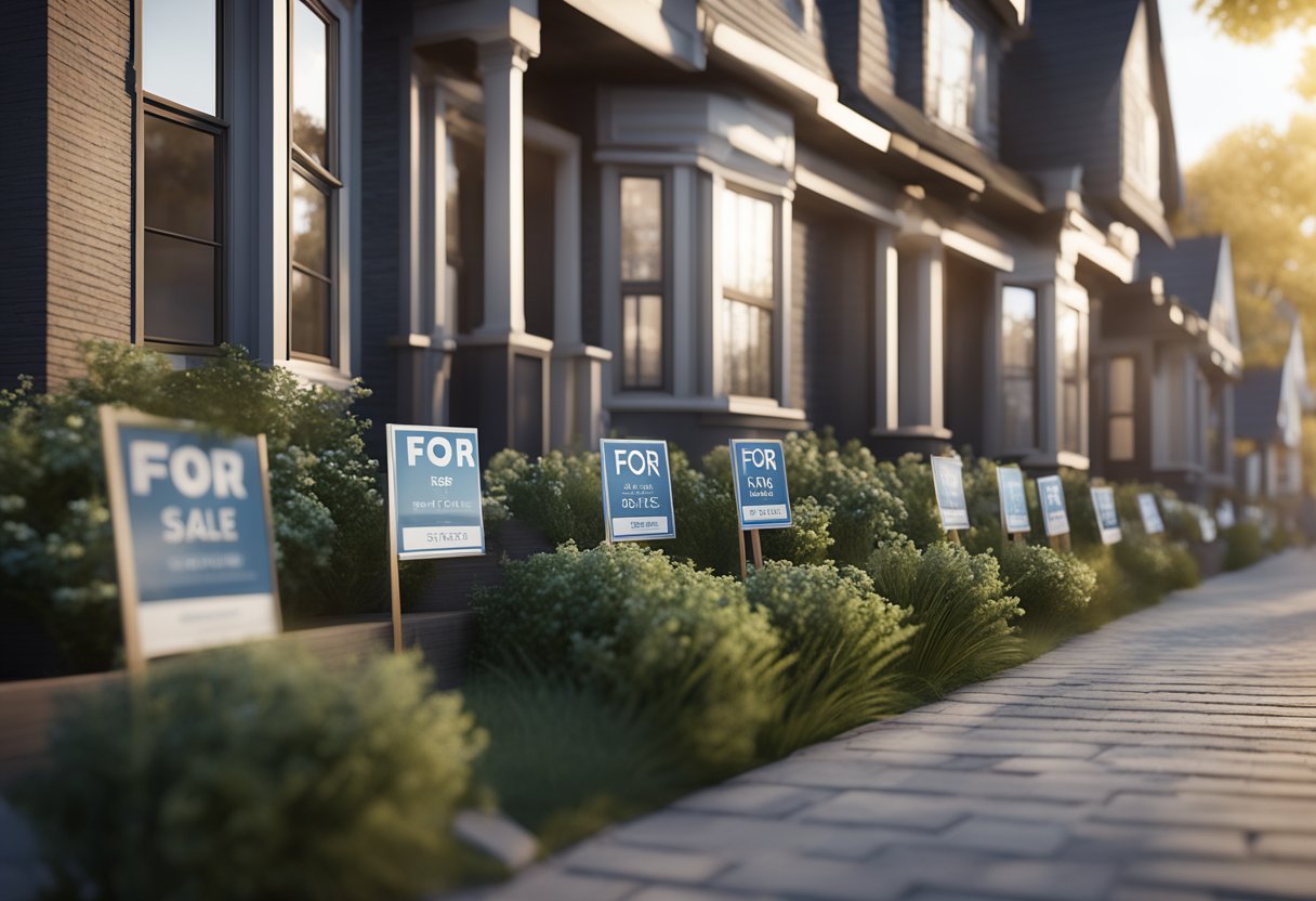 A row of houses with "For Sale" signs, surrounded by a bustling neighborhood with schools and businesses