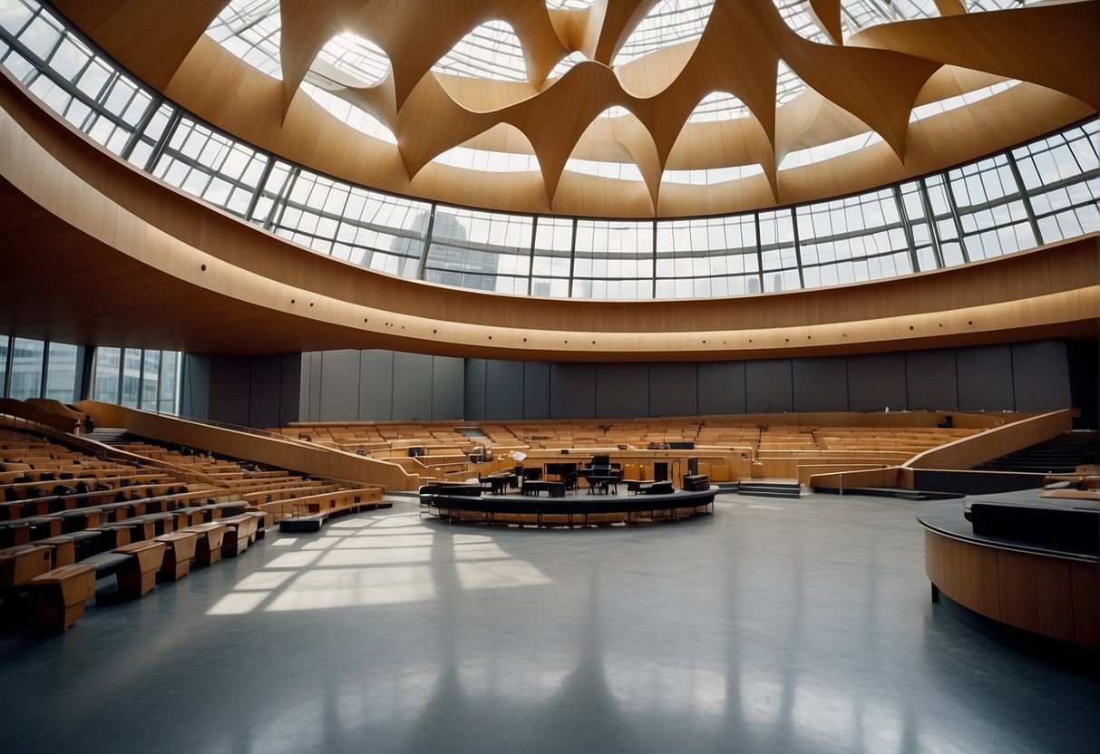 The Berlin Philharmonic's modernist design features a sweeping, curved roof and glass walls, set against the backdrop of the city's bustling streets and historic buildings