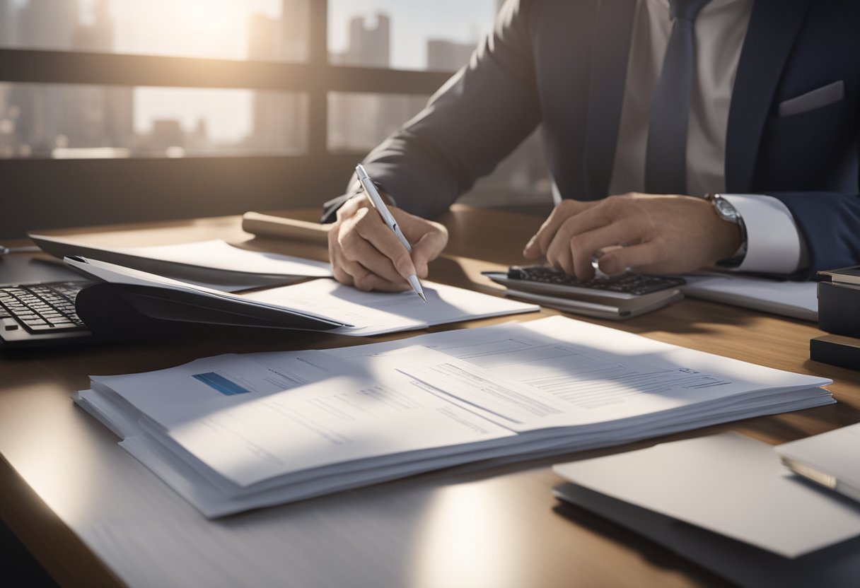 An investor signing paperwork for multiple properties, with real estate listings and financial documents spread out on a desk