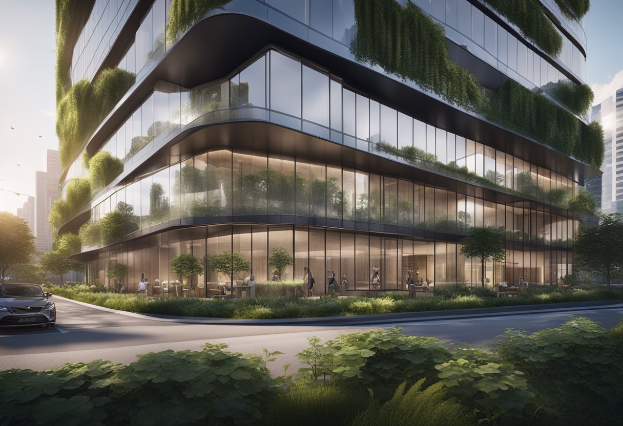 An elegant office building with a modern design and a sleek entrance, surrounded by lush greenery and a bustling cityscape in the background