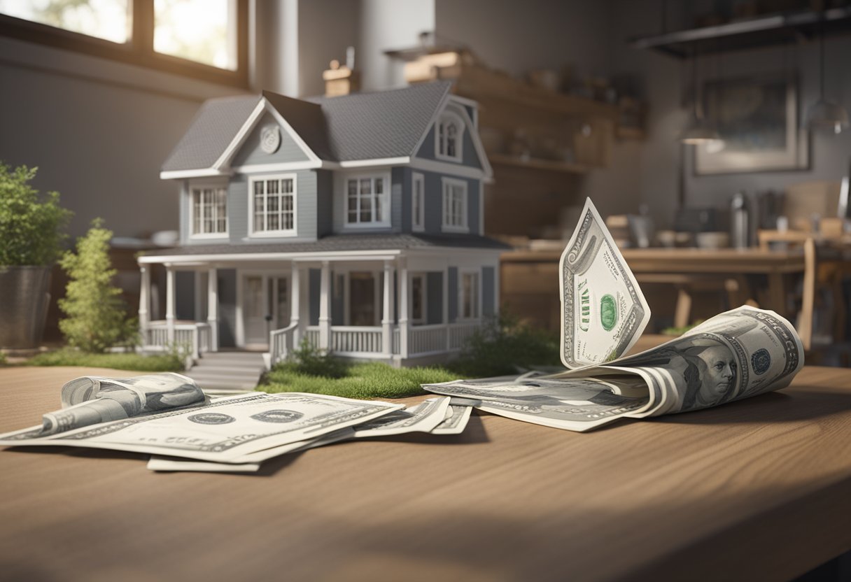 A house with "For Rent" sign, money bag, and mortgage papers on a table