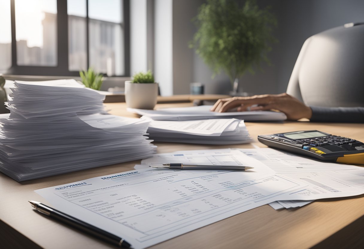 A stack of rental income receipts and invoices on a desk, with a calculator and spreadsheet open, showing expense management for rental properties