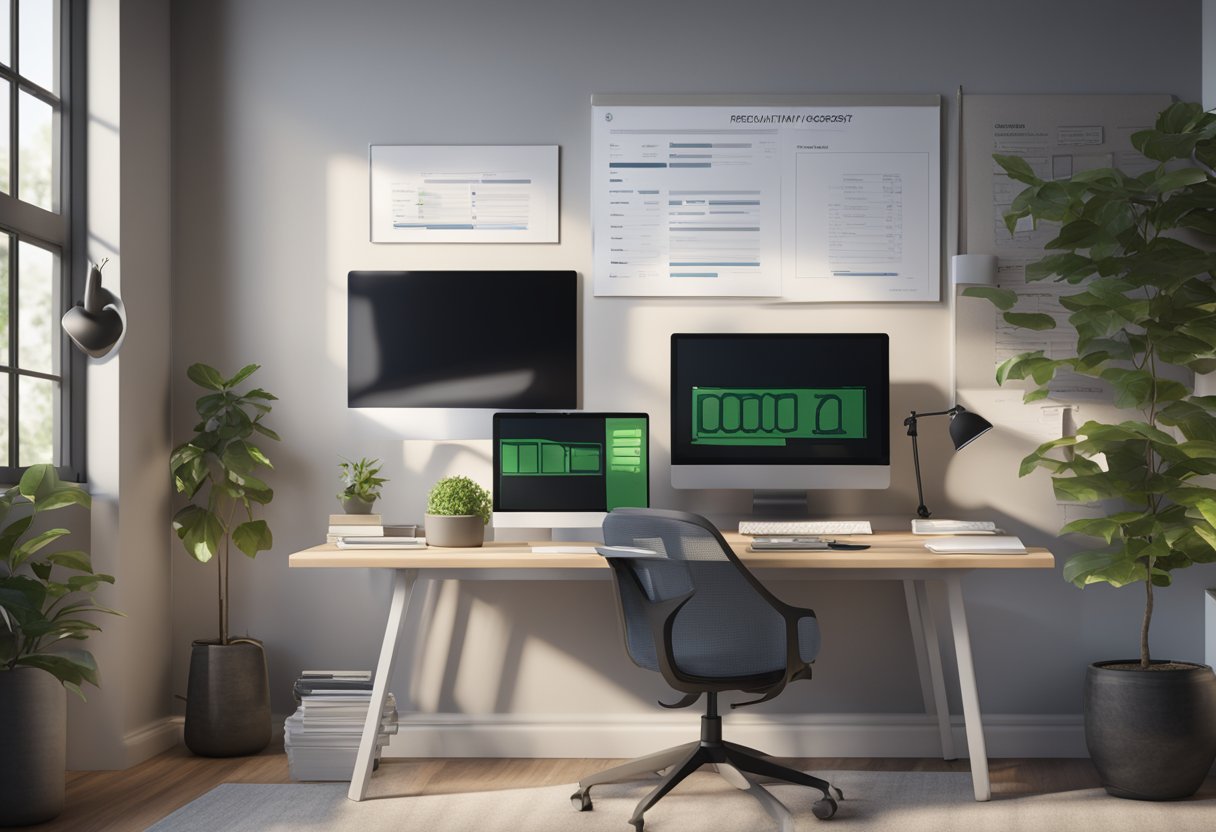 A modern office desk with a laptop, calculator, and rental property documents. A sign with "Frequently Asked Questions Rental Income" on the wall