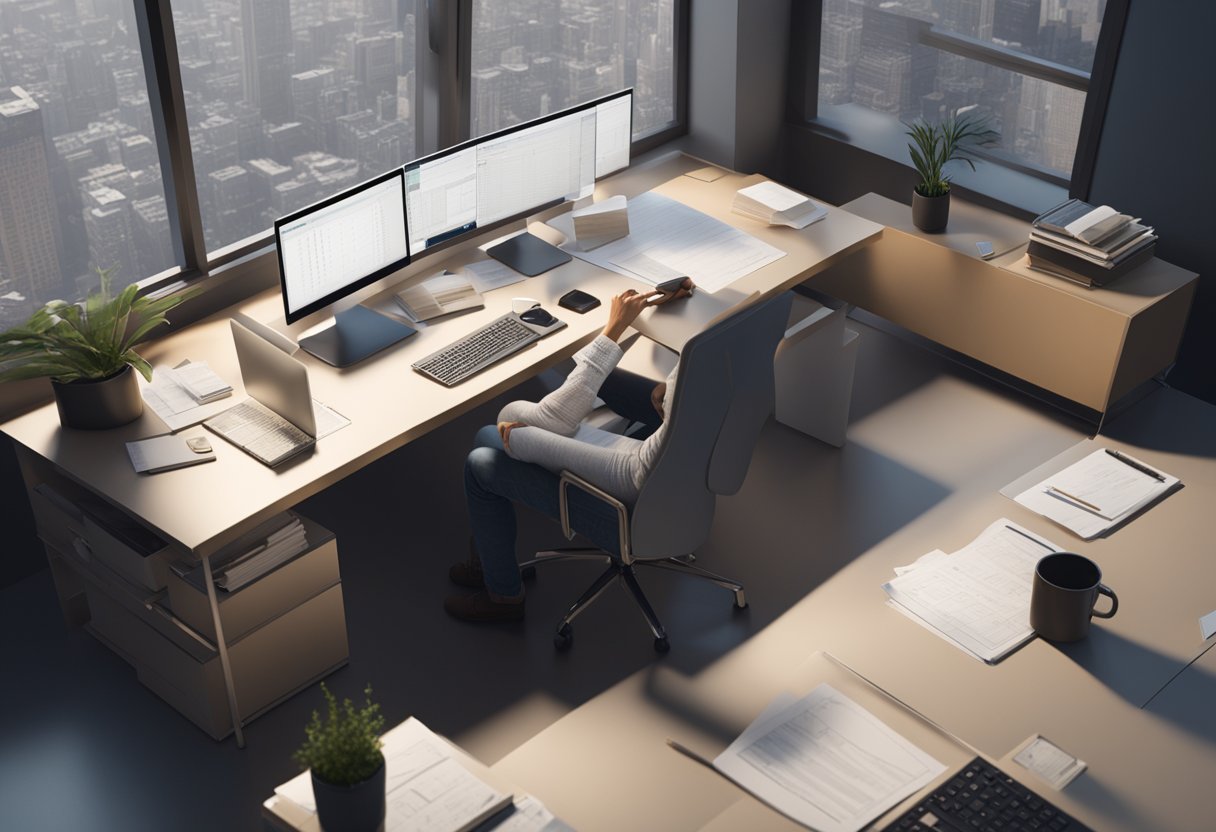 A person managing finances and property, organizing documents and analyzing data at a desk with a computer and files