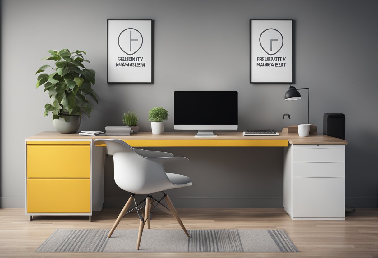 A desk with a computer, phone, and filing cabinet. A sign with "Frequently Asked Questions Property Management" displayed prominently