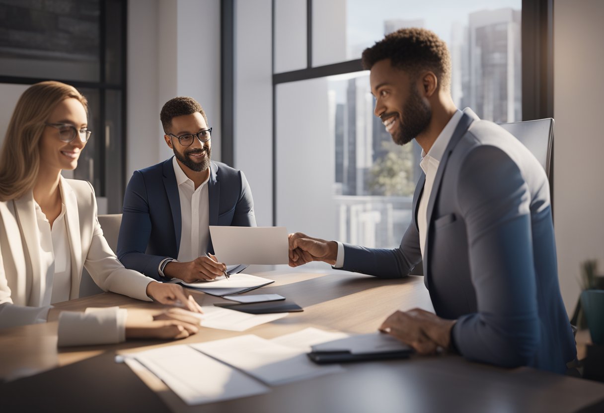 A person signing a contract with a real estate agent, exchanging money for keys to a new property