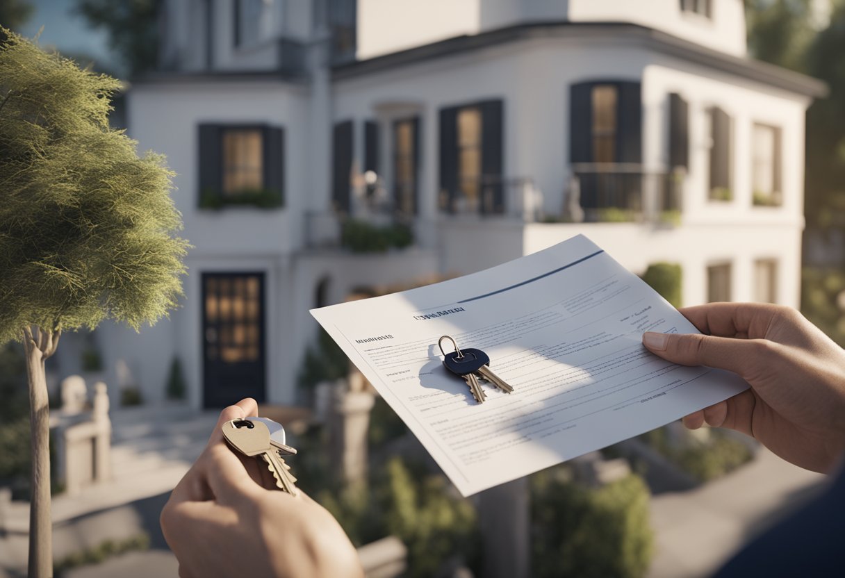 A person holding out a set of keys towards a house, while a real estate agent presents a contract for them to sign