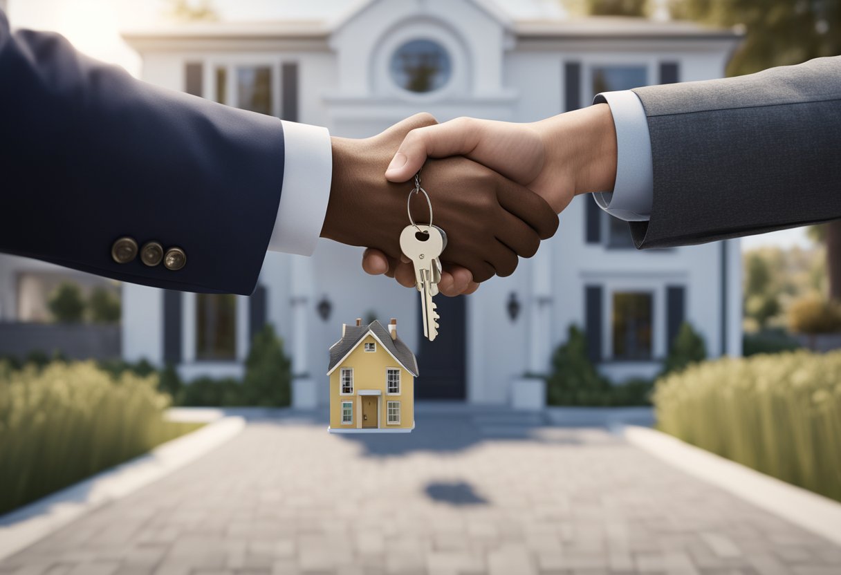 A handshake between two people in front of a sold sign and a real estate agent holding a set of keys