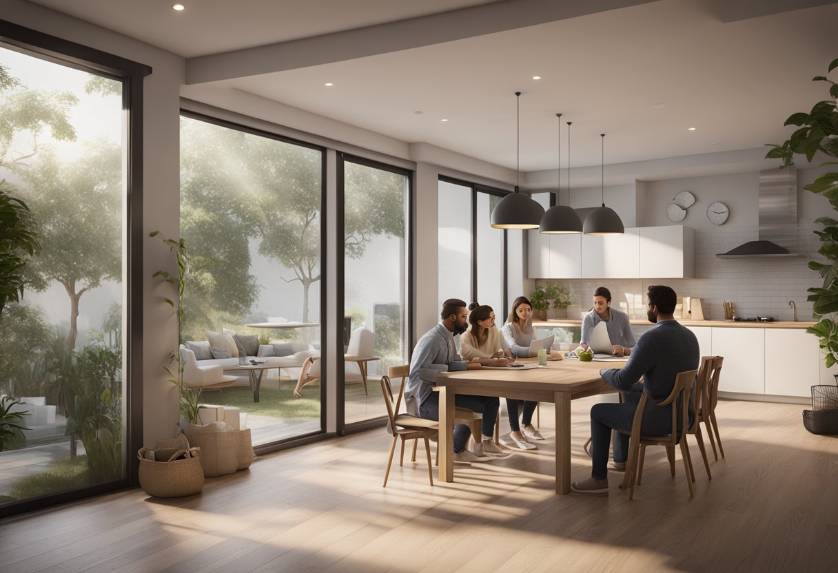 A family sits around a table, discussing property features and amenities. A real estate agent presents options on a laptop, while a checklist of considerations is visible on the table